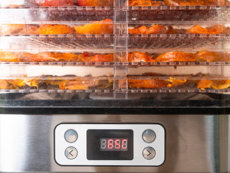 Electric food dehydrator drying fruit slices for healthy snacks, homemade preservation and nutrition concept with modern kitchen appliance.の写真素材