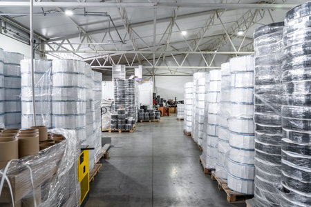 Industrial warehouse with large rolls of packaging film and plastic wrap stacked on pallets. Modern...