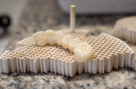 Ceramic dental bridge on refractory base in dental lab for prosthetics, oral restoration, implant...