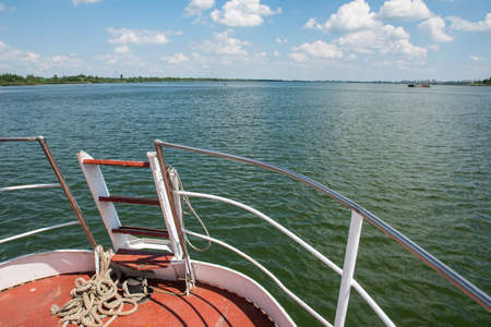 bow of the ship on the lake in clear weatherの写真素材