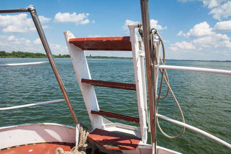 bow of the ship on the lake in clear weatherの写真素材