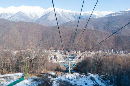 funicular railway cable car ski resort in the snowy mountains of Sochiの写真素材