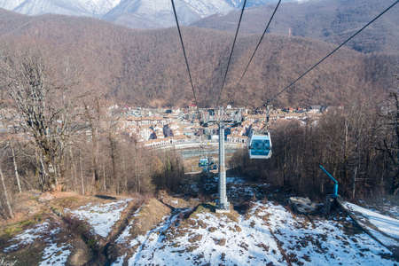 funicular railway cable car ski resort in the snowy mountains of Sochiの写真素材