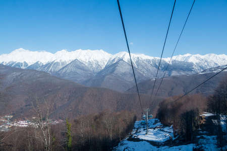 funicular railway cable car ski resort in the snowy mountains of Sochiの写真素材