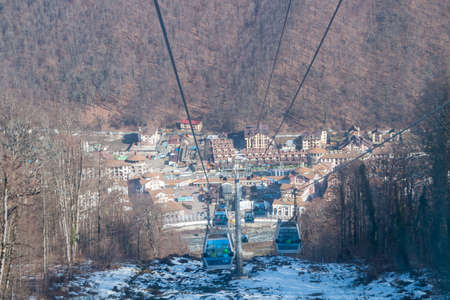 funicular railway cable car ski resort in the snowy mountains of Sochiの写真素材