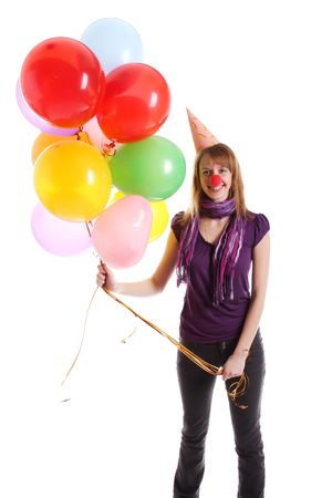 Girl with colored baloons isolated on the whiteの写真素材