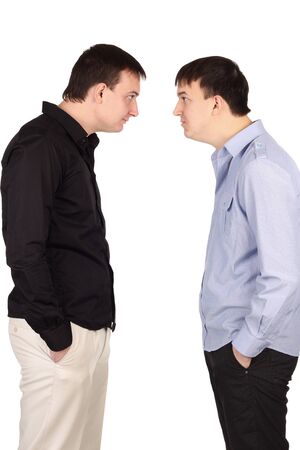 Two guys looking at each other at white backgroundの写真素材