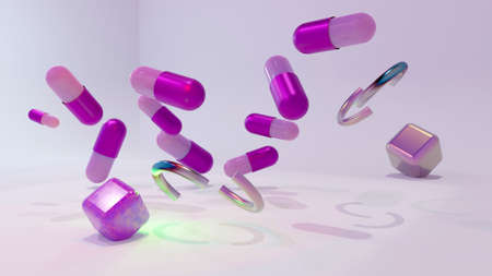 plenty of floating purple pills with .geometric shapes. 3d renderの写真素材