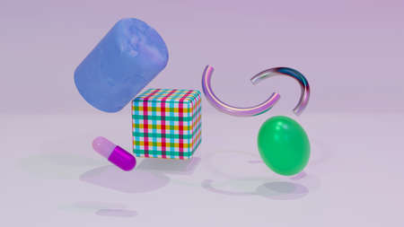 Abstract set of colourful geometric shapes.Backdrop concept. 3d renderの写真素材