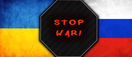 Stop war sign. Ukraine and Russia flags on backgroundの写真素材