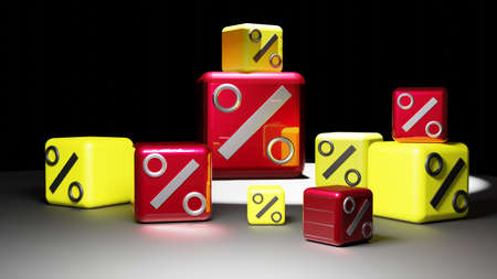 Red sale cubes with white percent sign and yellow cubes with black percent sign black background . 3d renderの写真素材