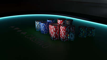 Collection of realistic casino chips with playing cards, red blue and green poker premium chips on green poker table with blue light. 3d renderingの写真素材