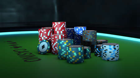 Collection of realistic casino chips with playing cards, red blue and green poker premium chips on green poker table with blue light. 3d renderingの写真素材