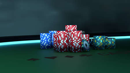 Collection of realistic casino chips with playing cards, red blue and green poker premium chips on green poker table with blue light. 3d renderingの写真素材