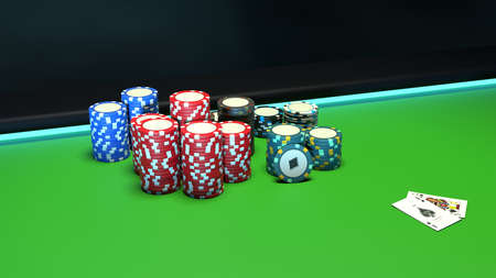 Collection of realistic casino chips with playing cards, red blue and green poker premium chips on green poker table with blue light. 3d renderingの写真素材