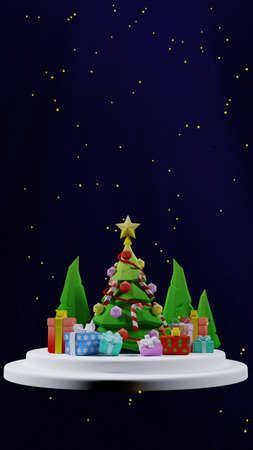 festive composition with colorful decorated fur-trees and gift boxes ,on the white pedestal night background .3d renderの写真素材