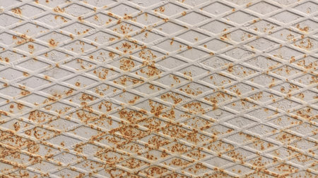 rusty grey painted metal sheet rhomb cells. Rust texture . corrosionの写真素材