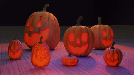 7 glowing halloween pumpkin on the boar dark background 3d renderの写真素材