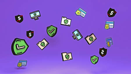 Set of flying security icons. Payment security.3d renderの写真素材