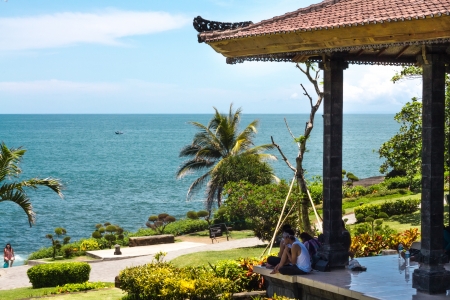 Gazebo near the temple with the ocean in the backgroundのeditorial素材