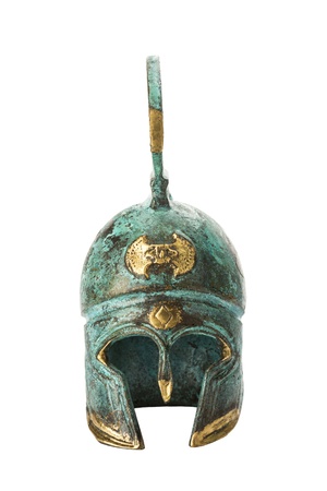 Souvenir ancient brass greek helmet with green over whiteの写真素材