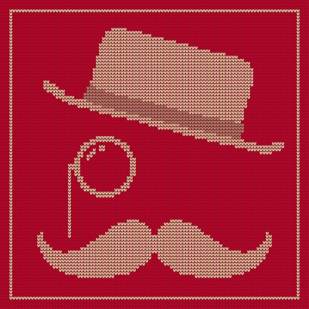 Illustration of the symbols of the hipster trend: vintage hat, monocle and moustache, on red knitted textureのイラスト素材