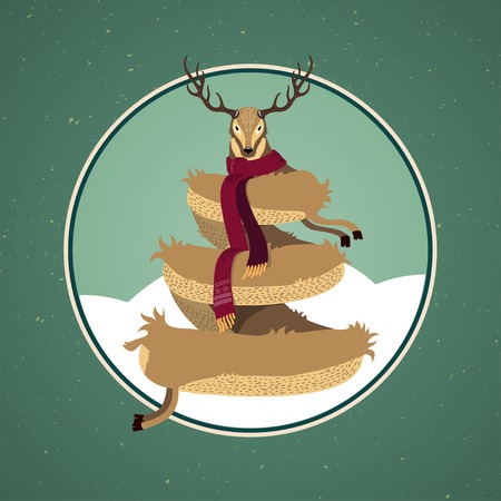 Beautiful Christmas card design with stylised reindeer Christmas tree with a cute deer wearing a scarf on wintry snow in a circular green frameのイラスト素材