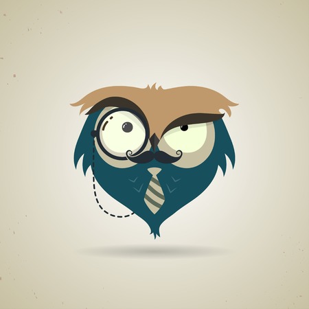 Vector illustration of a cute little blue and grey cartoon hipster owl icon isolated on a neutral light grey backgroundのイラスト素材