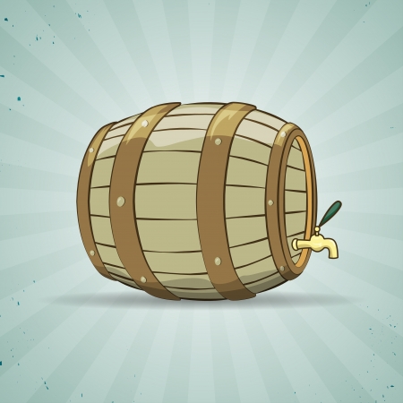 Illustration of an old wooden barrel filled with natural wine or beer, on blue background, in vintage style. Beer keg.のイラスト素材