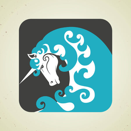 Icon of a ornate mythical magic unicorn with a white horn and blue mane symbolic of virginity, chastity and purityのイラスト素材