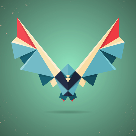 Colourful origami pigeon or dove made of folded paper in the Japanese tradition with a geometric pattern on a green backgroundのイラスト素材