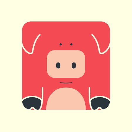 Flat square icon of a cute pink pig animal on yellow backgroundのイラスト素材