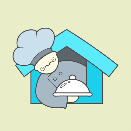 Flat vector icon of chef, mustaches and tray with lid.icon isolated on plain background. Key ideas is business, caffe, cookng, food, restaurant, eating. Concept for corporate identity and brandingのイラスト素材