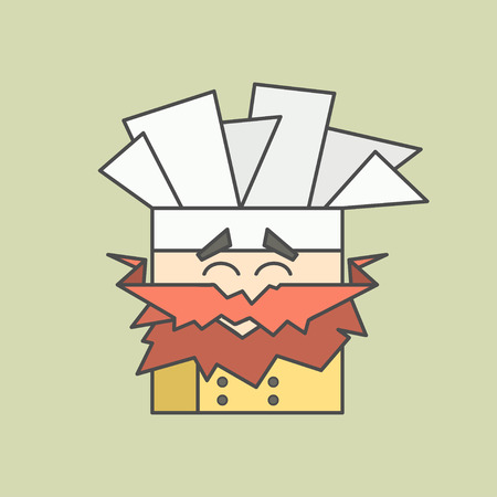 Flat vector icon of smiling chef from triangles with mustaches and chefs hat. Logotype isolated on plain background. Key ideas is business, caffe, cookng, food, restaurant, eating. Concept for corporate identity and brandingのイラスト素材