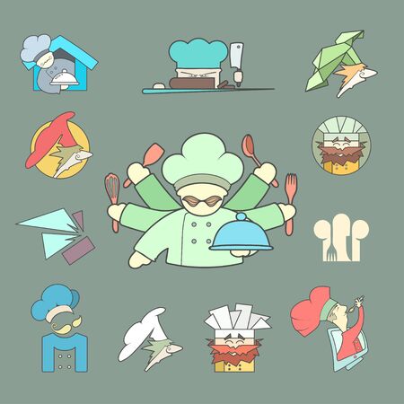 Restaurant Chef flat icon Set. icon isolated on plain background. Concept for business, caffe, cookng, food, restaurant, eating.のイラスト素材