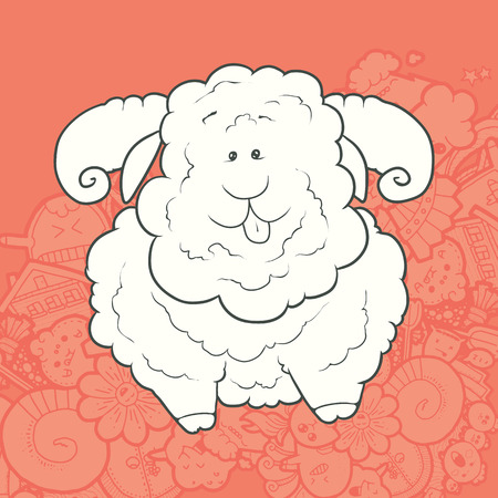 Vector Illustration Cute Hand Drawn very strong ram with curved horns. Greeting card New Year. The concept of the character on abstract Kawaii background.のイラスト素材