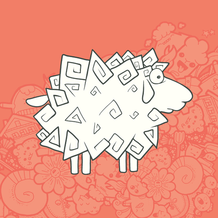 Vector Illustration Cute Hand Drawn Sheep with a flourish in the form of triangles. Greeting card New Year. The concept of the character on abstract Kawaii background.のイラスト素材