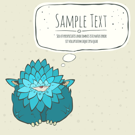 Vector illustration of a cartoon cute blue monster with feathers, one eye and ears. Hand drawn cartoon. Greeting card with speech bubble. The concept of the character on a uniform background.のイラスト素材