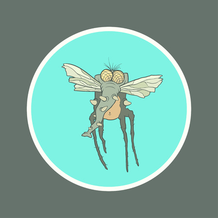 Illustration monster fly with long legs, wings and proboscis in the circle. Hand drawing cartoon. The concept of the character on a uniform background.のイラスト素材