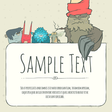 Cute doodle monster greeteng or invitation card with place for your text. Funny colorful cartoon cute monsters or aliens with claws and fangs. Vector illustrationのイラスト素材