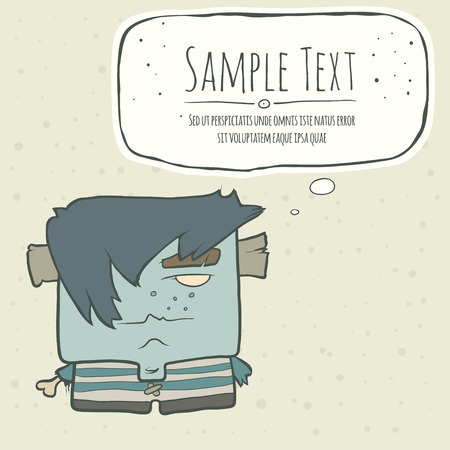 Illustration cartoon boy zombie in a striped vest with protruding bone instead of a hand and plugs in his ears. のイラスト素材