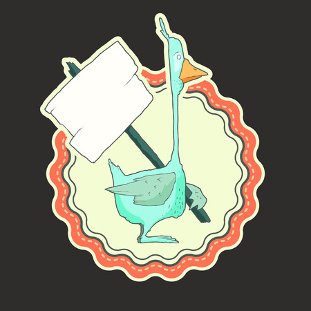 Cartoon Hand Drawn Label of Character Goose with wooden poster Isolated on Color Blurred Background. Hand drawn vector. Funny Farm Anymal label, badge or iconのイラスト素材