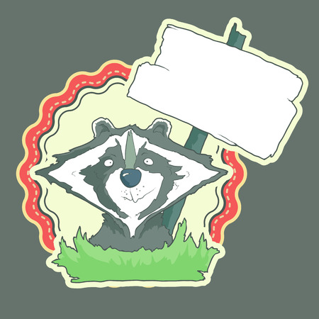 Cartoon Hand Drawn Label of Character Racoon with wooden poster Isolated on Plain Background. Hand drawn vector. Funny Farm Anymal label, badge or iconのイラスト素材