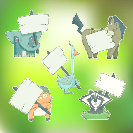 Hand-drawn cartoon vector collection of animals with posters templates. Pig, elephant, racoon, goose and horse. Set of characters for greeting cards and invitations. Blurred green background.のイラスト素材
