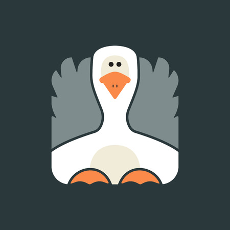 Flat square icon of a cute white goose with gray tail, on plain background.のイラスト素材