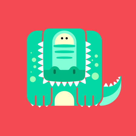Flat square icon of a cute crocodile with teeth, on red background.のイラスト素材