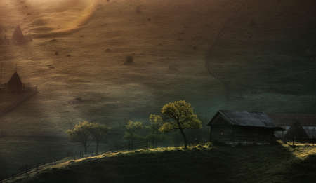 Sun rays over countrysideのeditorial素材