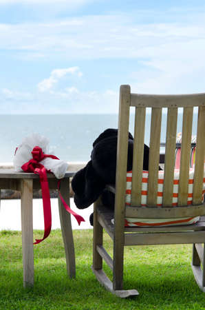 wooden table place and sea and beachの写真素材