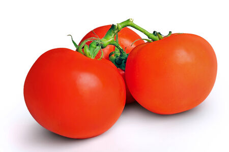 Isolated three tomatoes on whiteの写真素材
