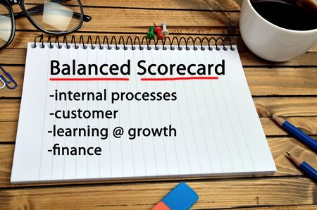 The words Balanced Scorecard on notebook pageの写真素材